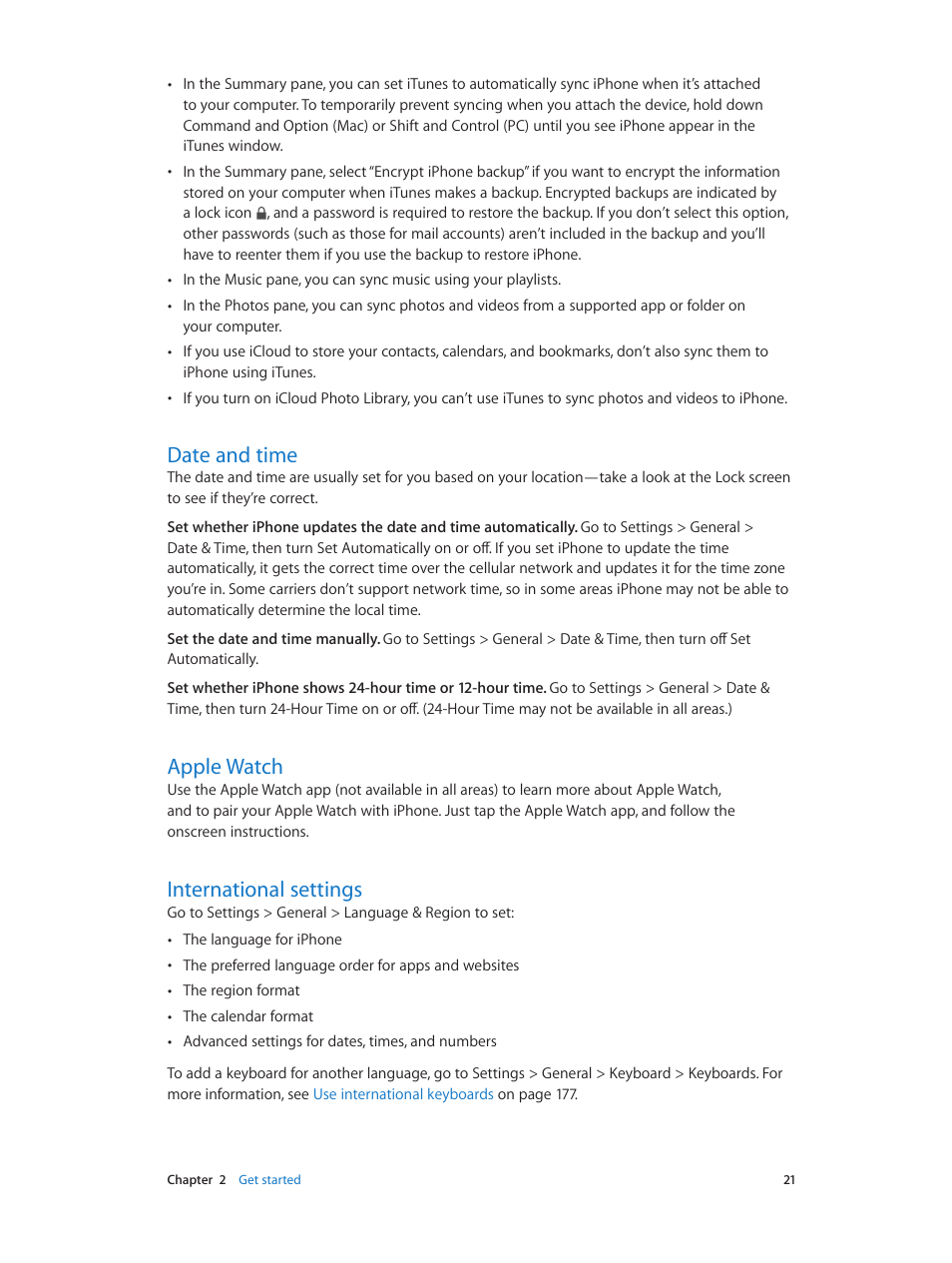 Date and time, Apple watch, International settings | 21 date and time, 21 apple watch, 21 international settings | Apple iPhone iOS 8.4 User Manual | Page 21 / 196
