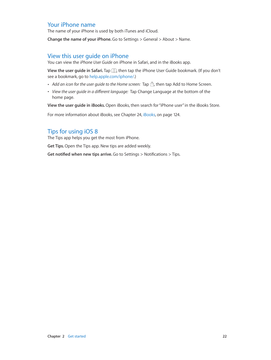 Your iphone name, View this user guide on iphone, Tips for using ios 8 | 22 your iphone name, 22 view this user guide on iphone, 22 tips for using ios 8 | Apple iPhone iOS 8.4 User Manual | Page 22 / 196