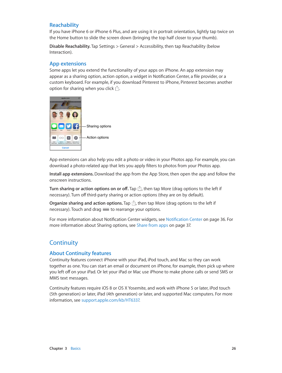 Continuity, 26 continuity, Reachability | App extensions, About continuity features | Apple iPhone iOS 8.4 User Manual | Page 26 / 196