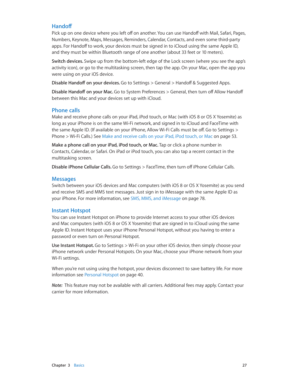 Handoff, Phone calls, Messages | Instant hotspot | Apple iPhone iOS 8.4 User Manual | Page 27 / 196