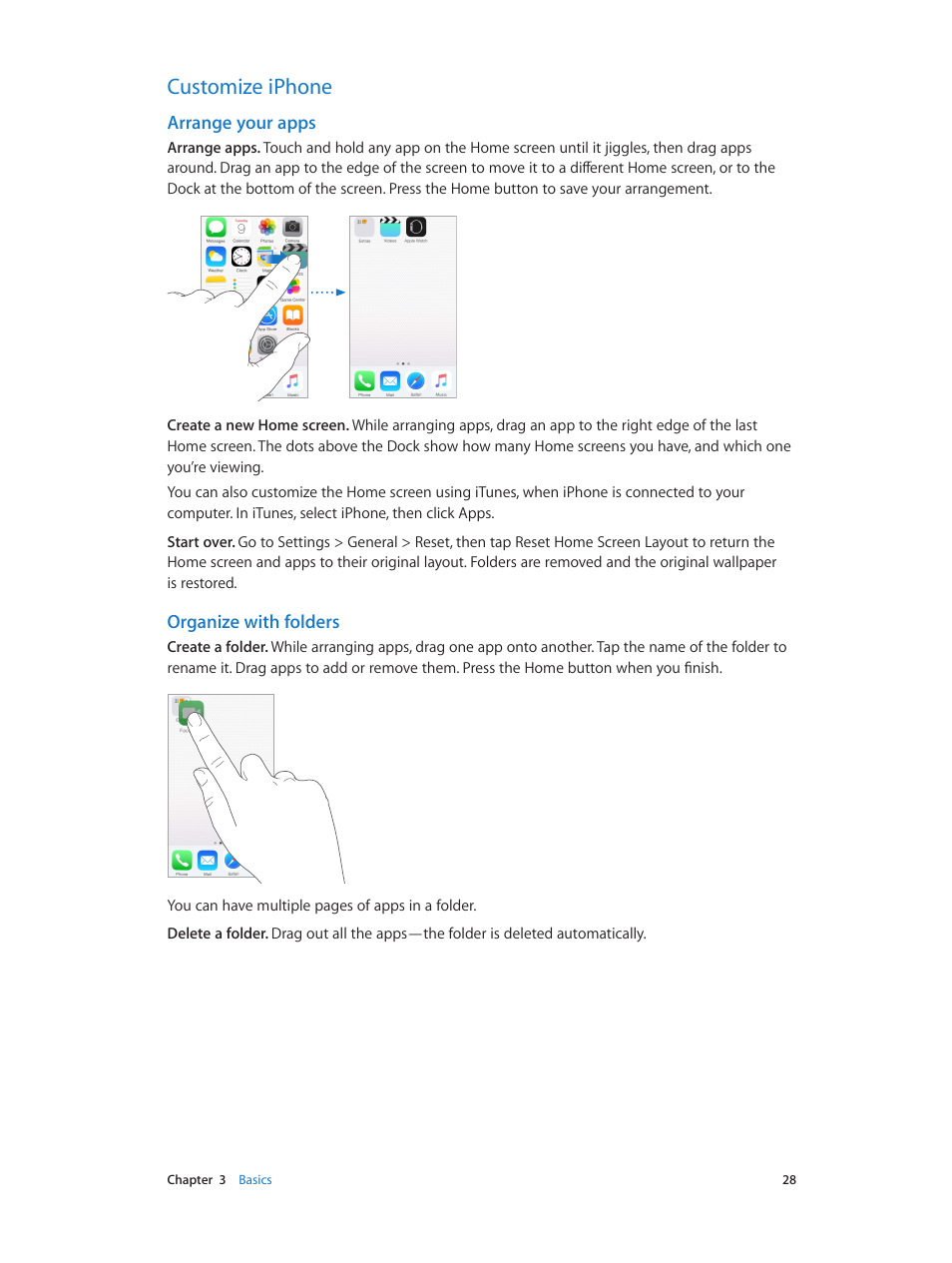 Customize iphone, 28 customize iphone, Arrange your apps | Organize with folders | Apple iPhone iOS 8.4 User Manual | Page 28 / 196