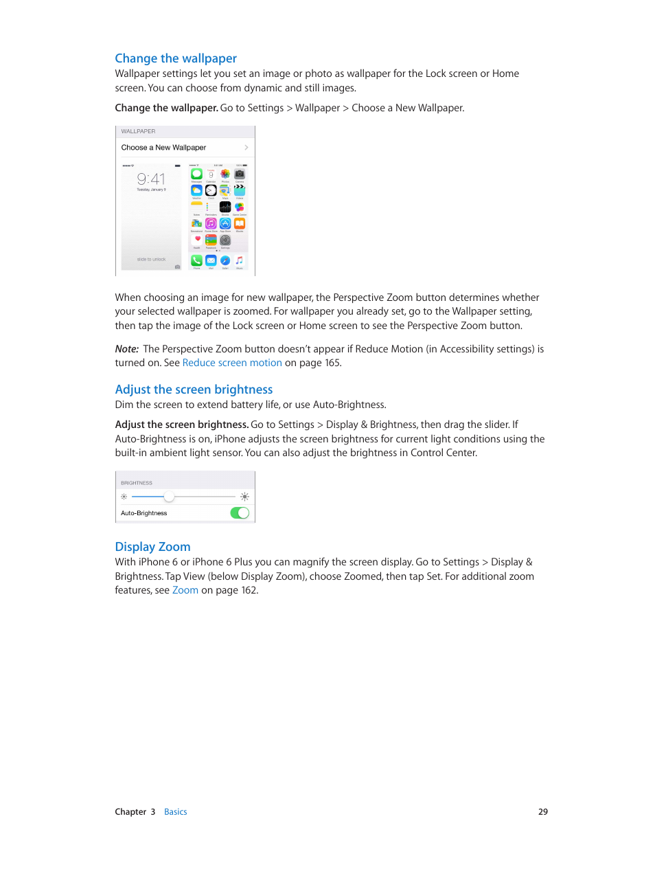Change the wallpaper, Adjust the screen brightness, Display zoom | Apple iPhone iOS 8.4 User Manual | Page 29 / 196
