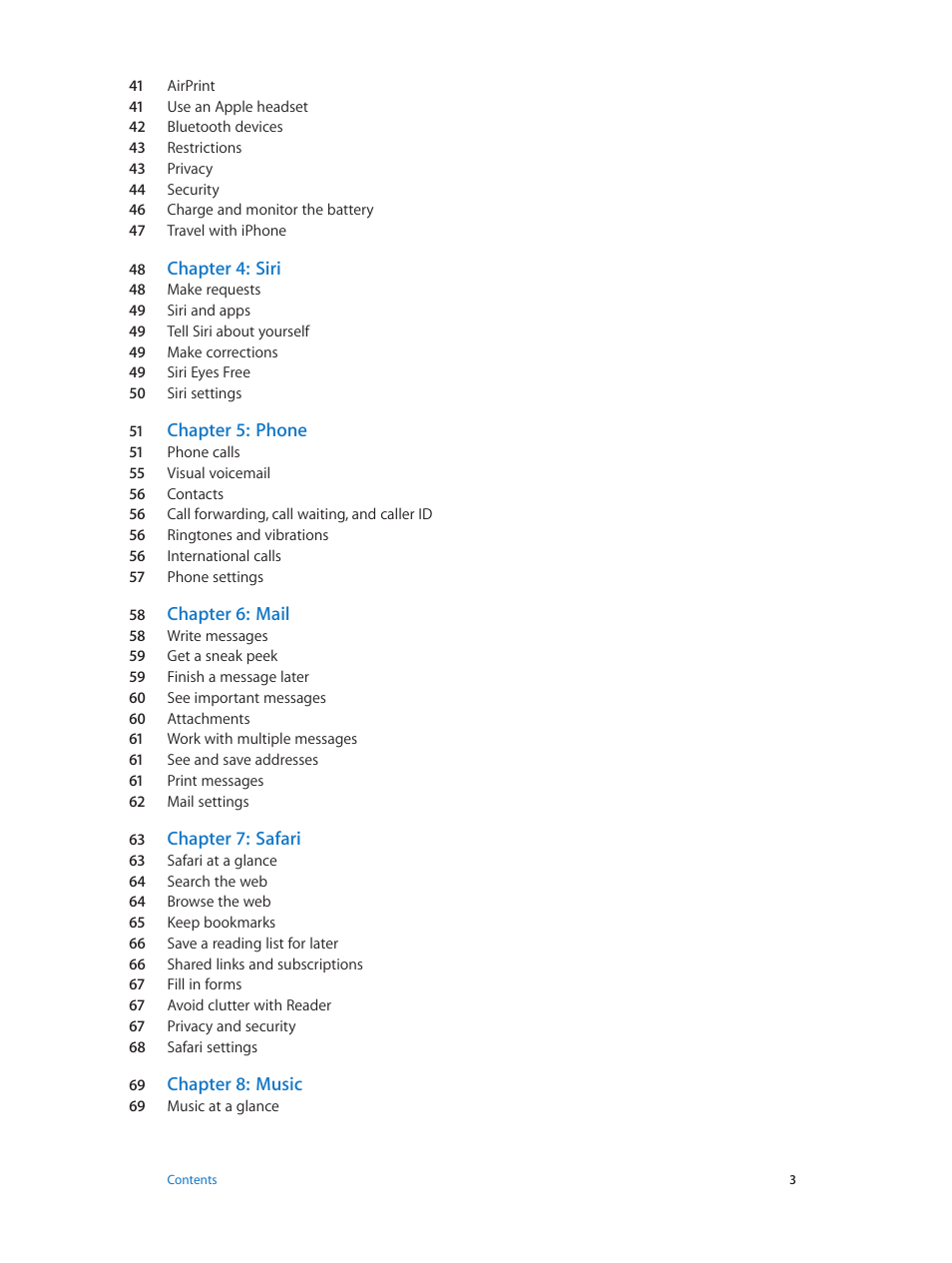 Chapter 4: siri, Chapter 5: phone, Chapter 6: mail | Chapter 7: safari, Chapter 8: music | Apple iPhone iOS 8.4 User Manual | Page 3 / 196
