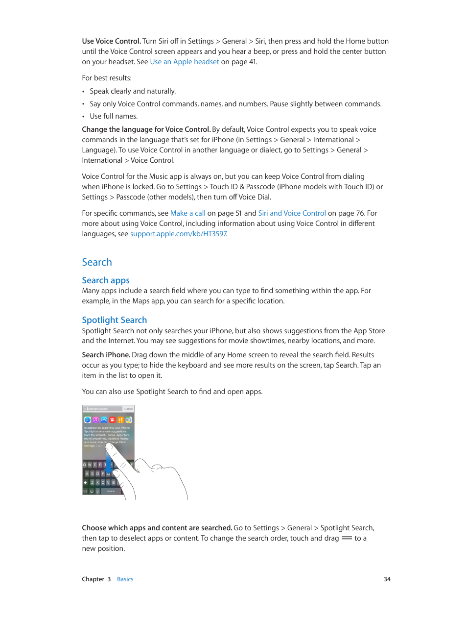 Search, 34 search, Search apps | Spotlight search | Apple iPhone iOS 8.4 User Manual | Page 34 / 196