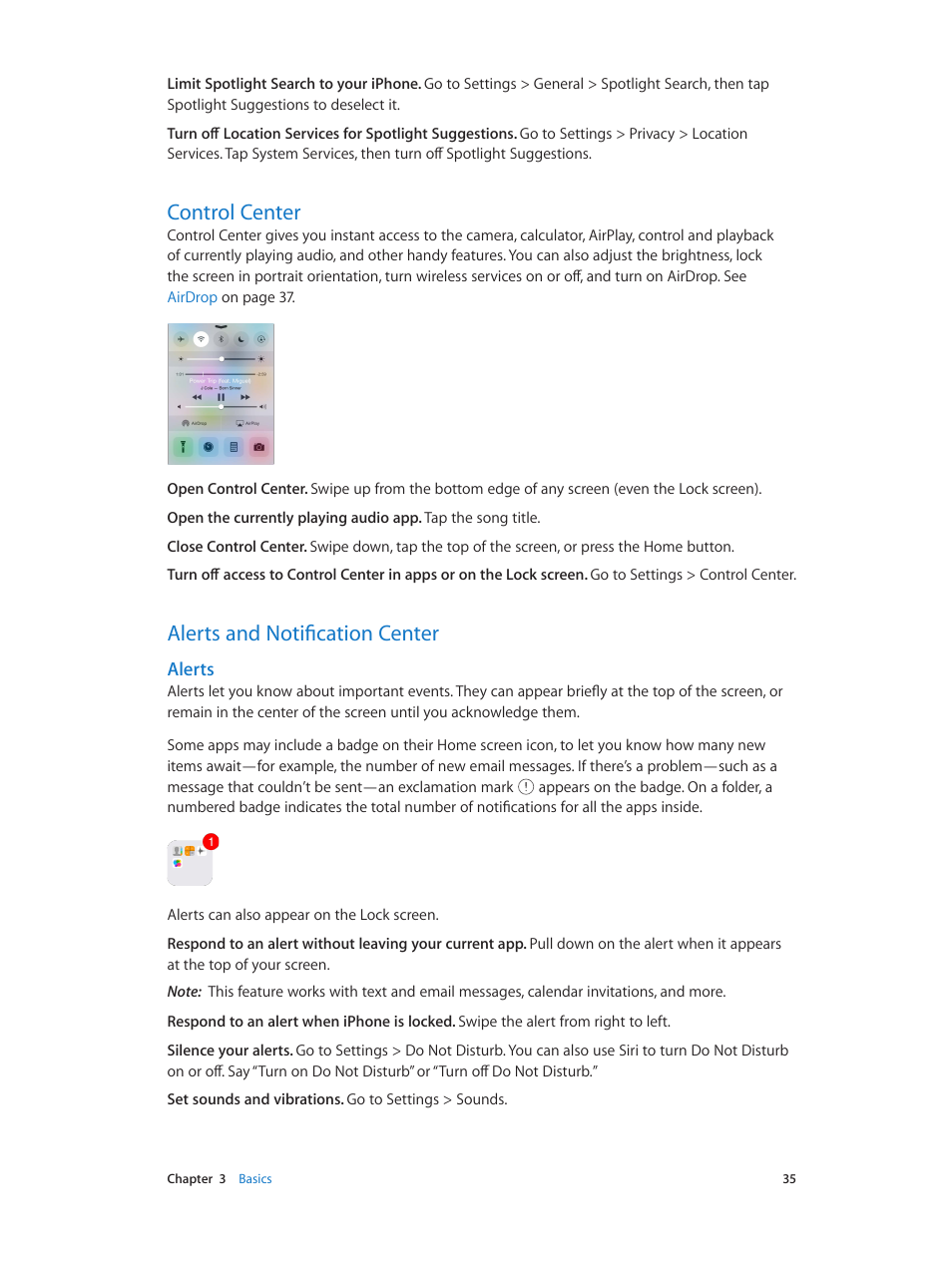 Control center, Alerts and notification center, 35 control center | 35 alerts and notification center, Alerts | Apple iPhone iOS 8.4 User Manual | Page 35 / 196