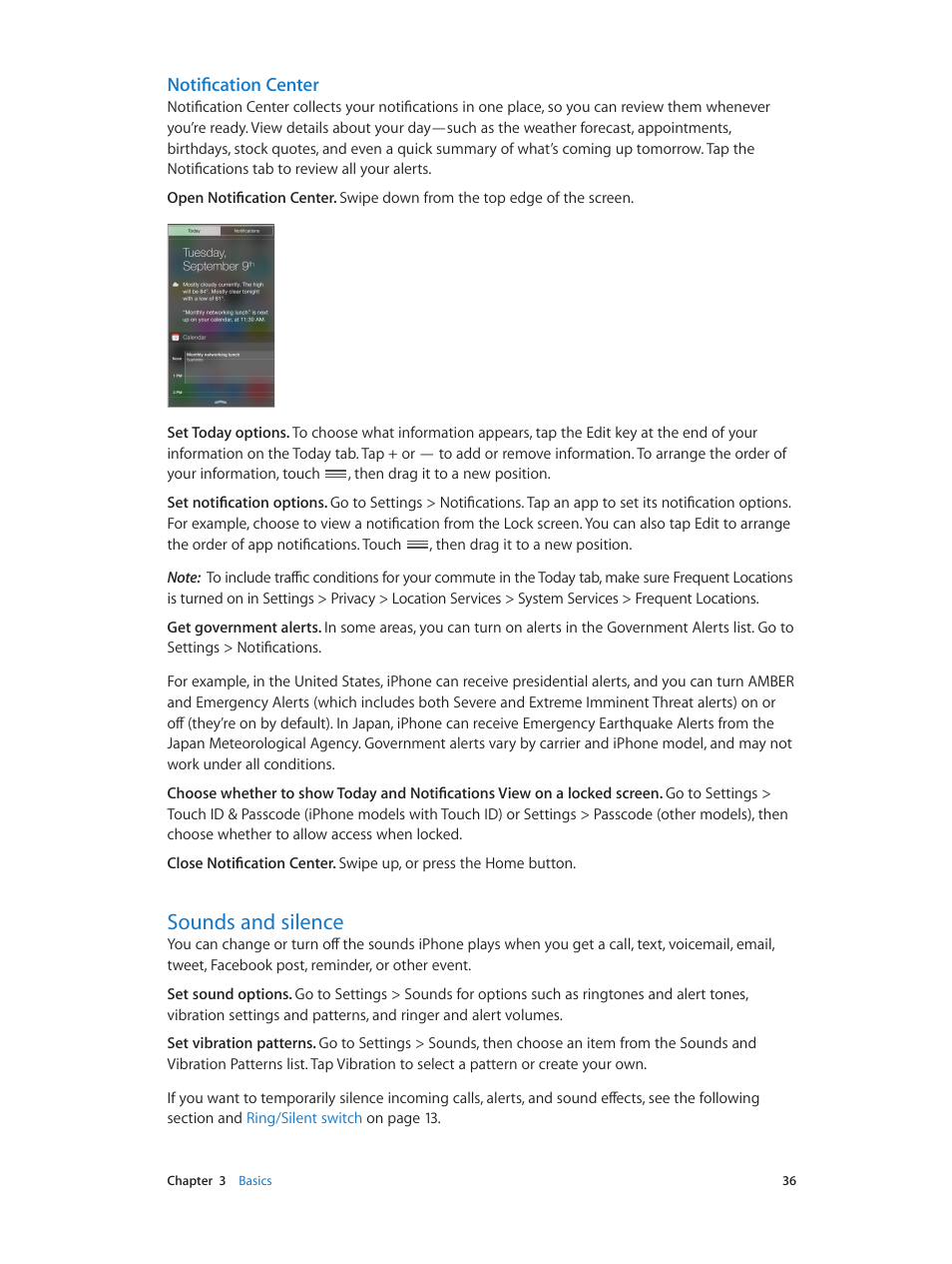 Sounds and silence, 36 sounds and silence, Notification center | Apple iPhone iOS 8.4 User Manual | Page 36 / 196