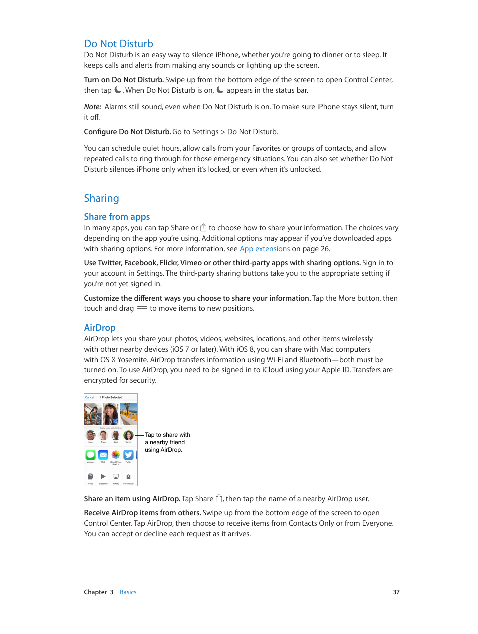 Do not disturb, Sharing, 37 do not disturb | 37 sharing, Do not, Disturb, Share from apps, Airdrop | Apple iPhone iOS 8.4 User Manual | Page 37 / 196