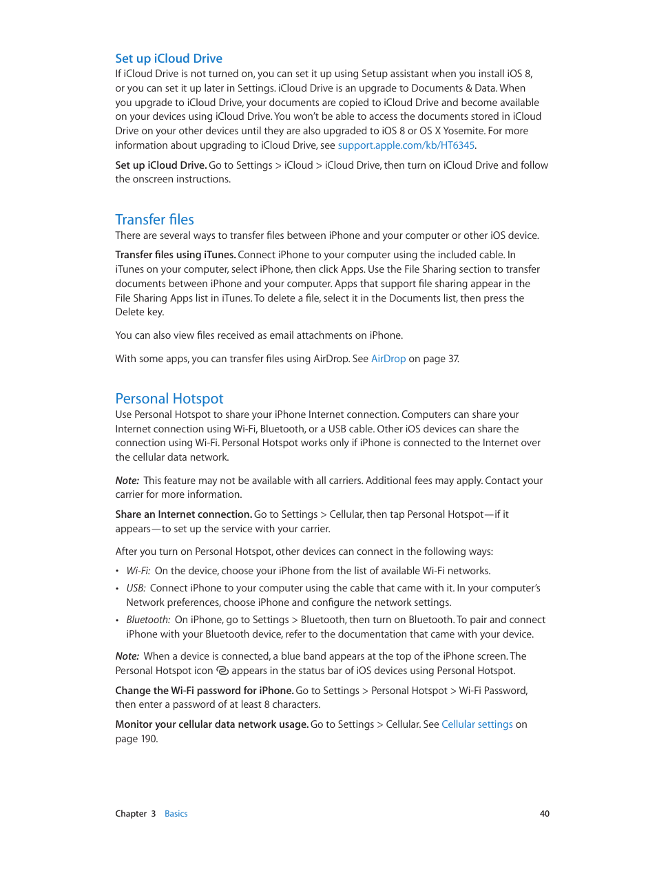 Transfer files, Personal hotspot, 40 transfer files | 40 personal hotspot, Set up icloud drive, Tion see | Apple iPhone iOS 8.4 User Manual | Page 40 / 196