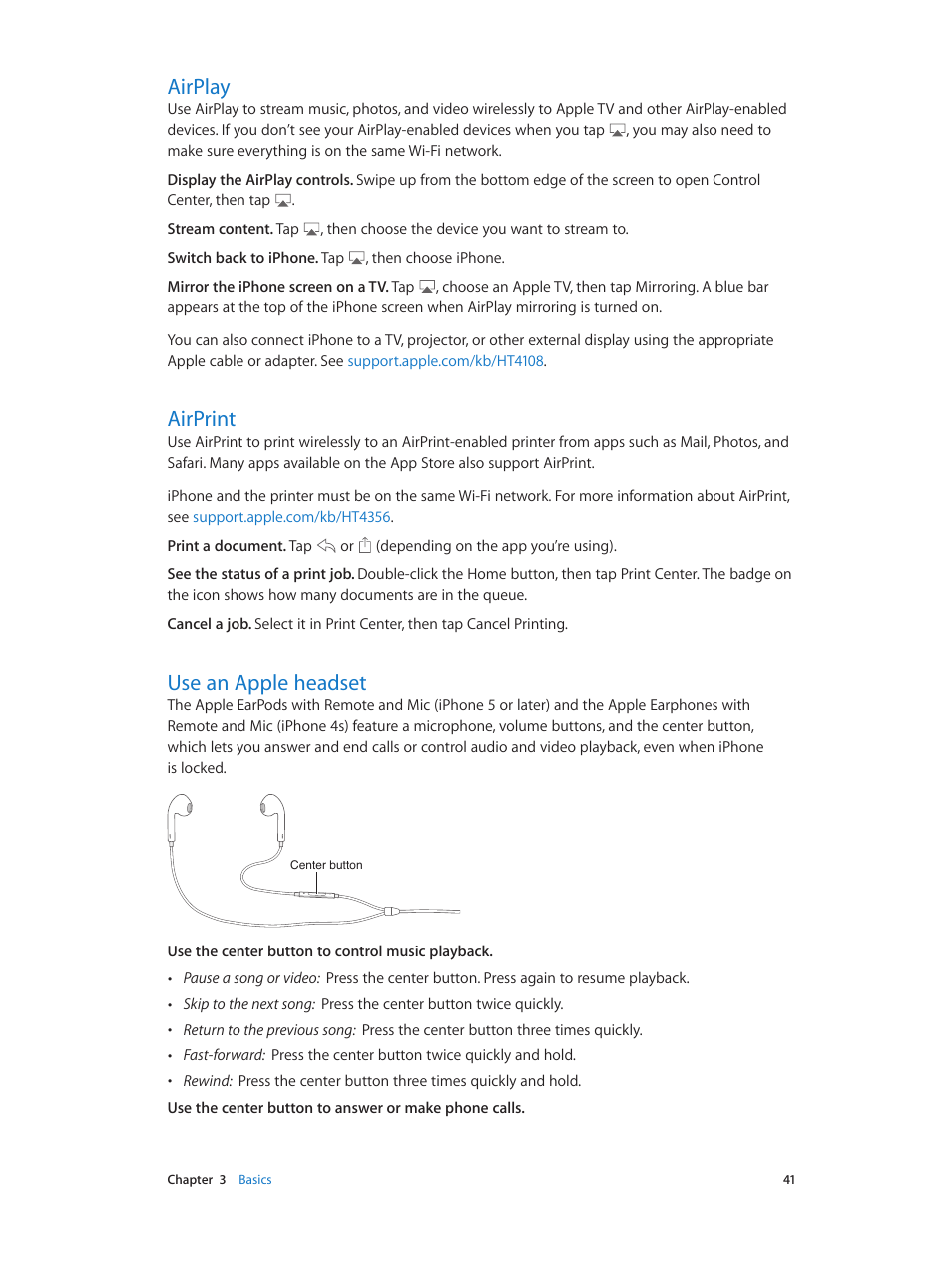 Airplay, Airprint, Use an apple headset | 41 airplay, 41 airprint, 41 use an apple headset | Apple iPhone iOS 8.4 User Manual | Page 41 / 196