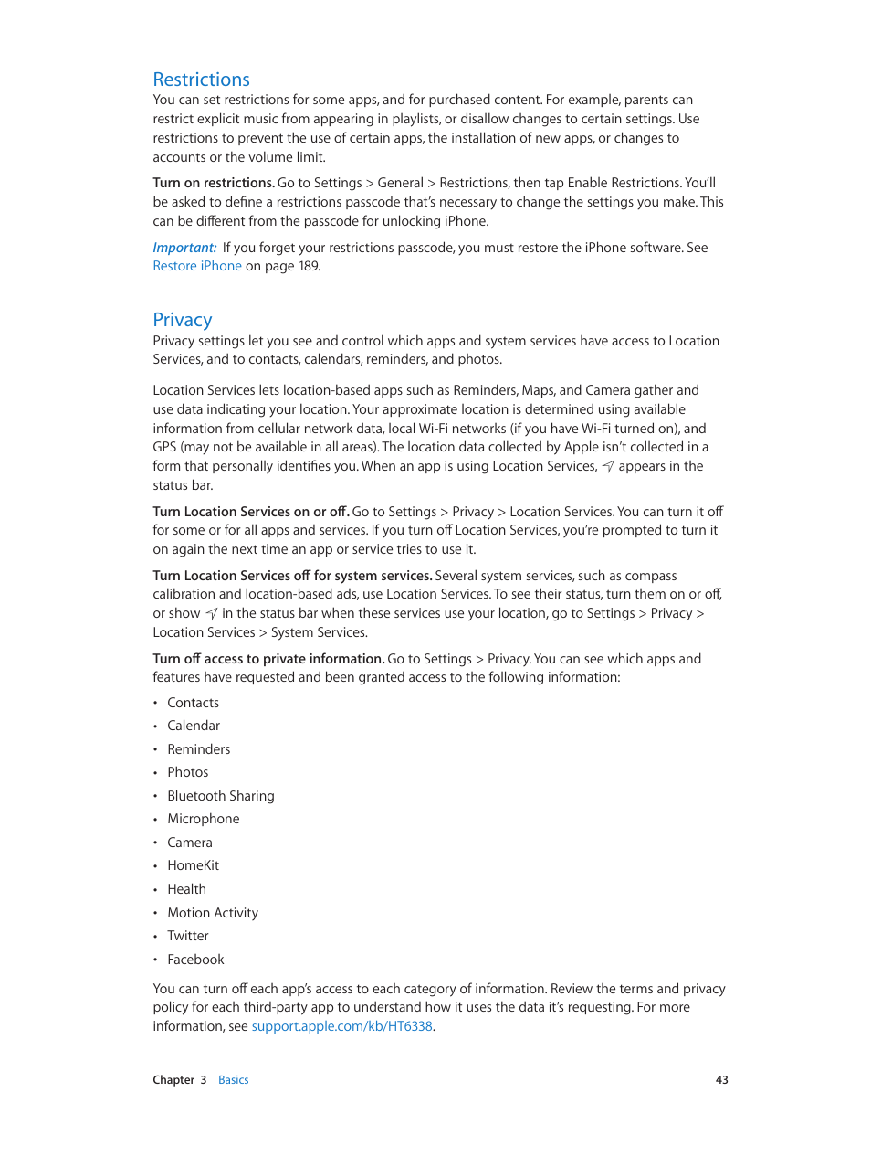Restrictions, Privacy, 43 restrictions | 43 privacy | Apple iPhone iOS 8.4 User Manual | Page 43 / 196