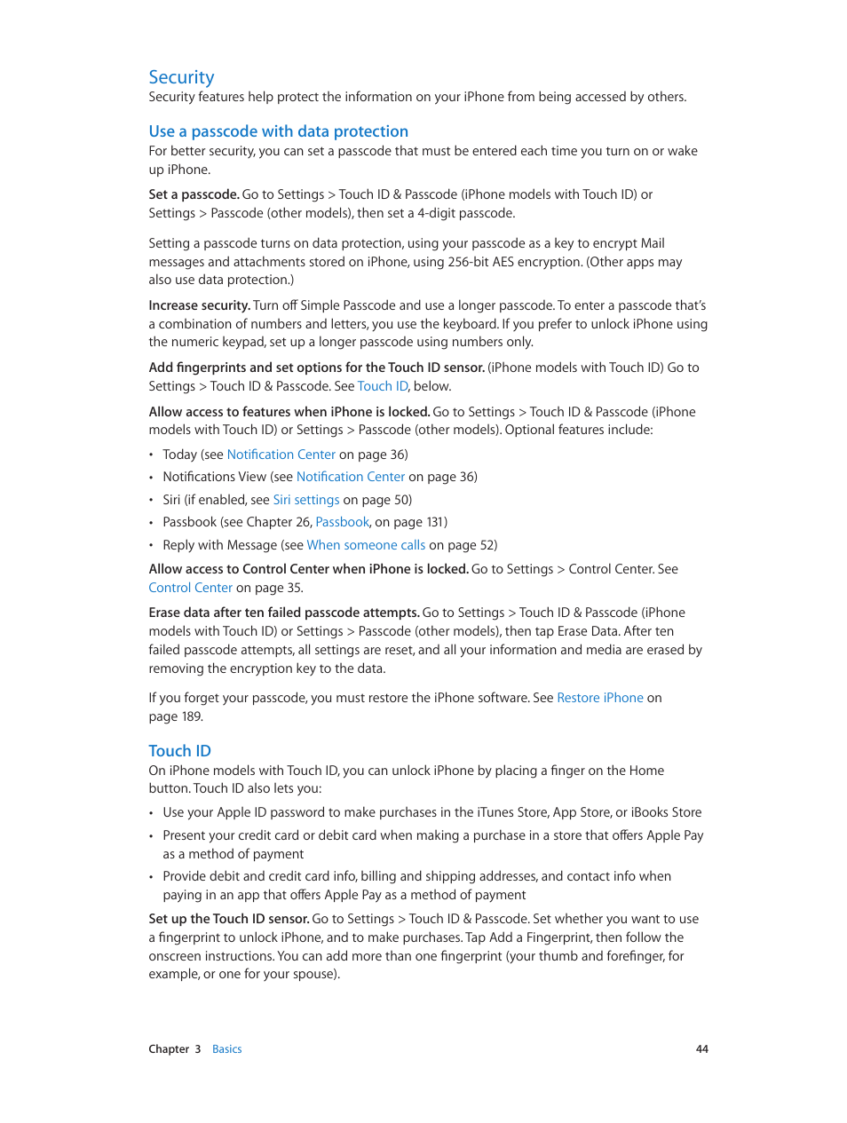 Security, 44 security, Use a | Passcode with data protection, Touch id, Use a passcode with data protection | Apple iPhone iOS 8.4 User Manual | Page 44 / 196