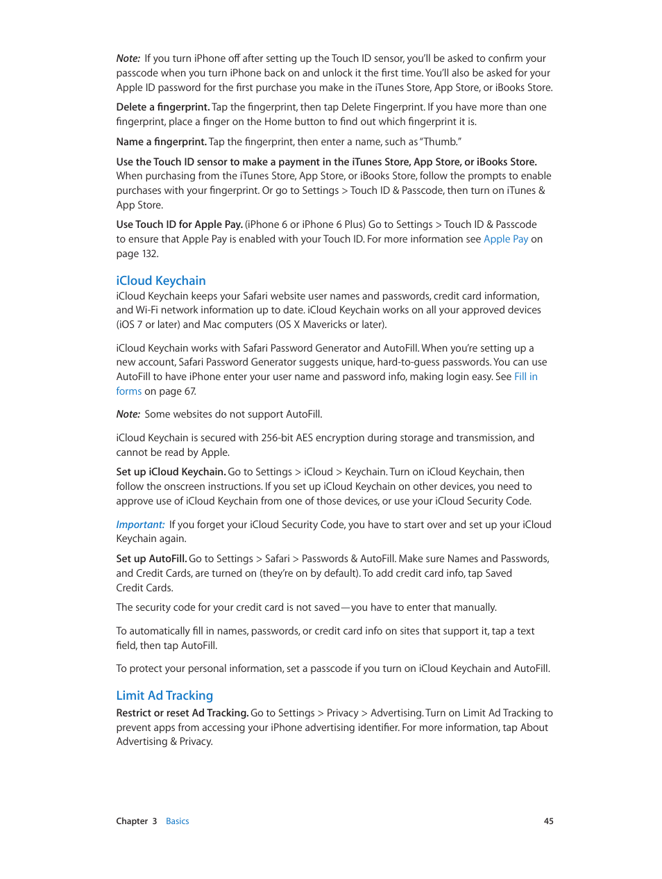 Icloud keychain, Limit ad tracking | Apple iPhone iOS 8.4 User Manual | Page 45 / 196
