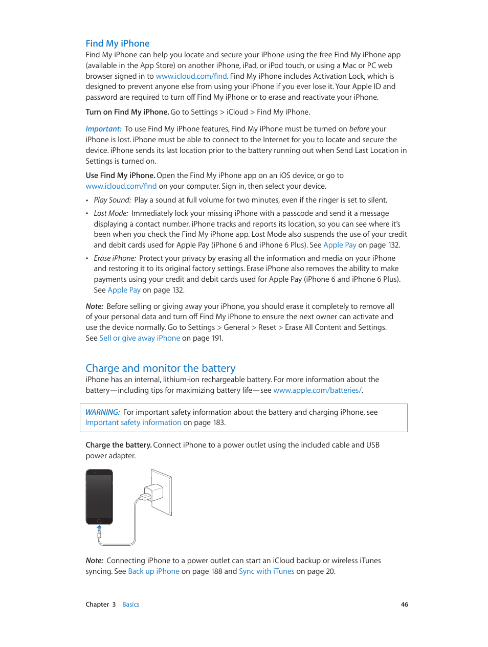 Charge and monitor the battery, 46 charge and monitor the battery, Charge and | Monitor the battery, Find my iphone | Apple iPhone iOS 8.4 User Manual | Page 46 / 196