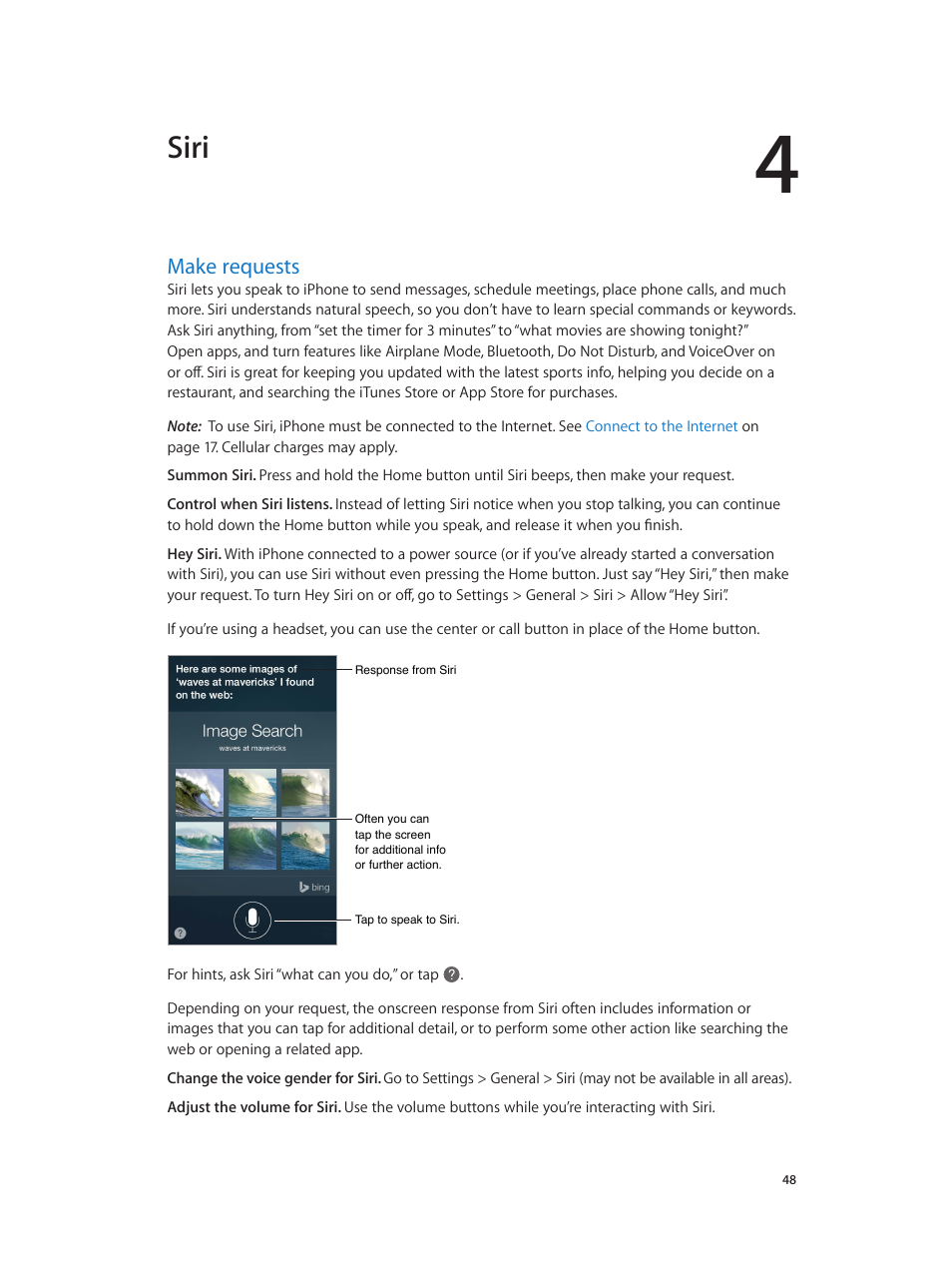 Chapter 4: siri, Make requests, 48 make requests | Siri, 48 or | Apple iPhone iOS 8.4 User Manual | Page 48 / 196