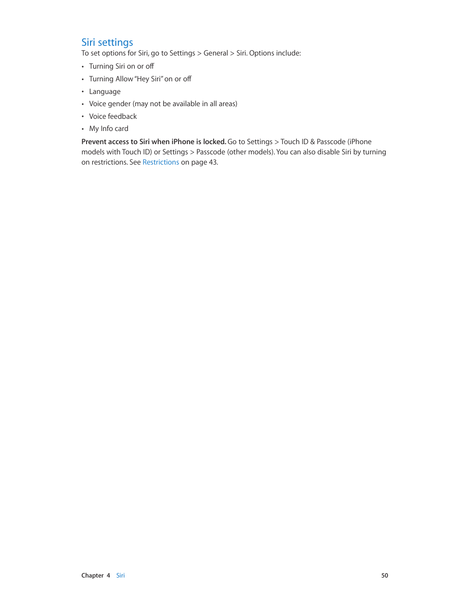 Siri settings, 50 siri settings | Apple iPhone iOS 8.4 User Manual | Page 50 / 196