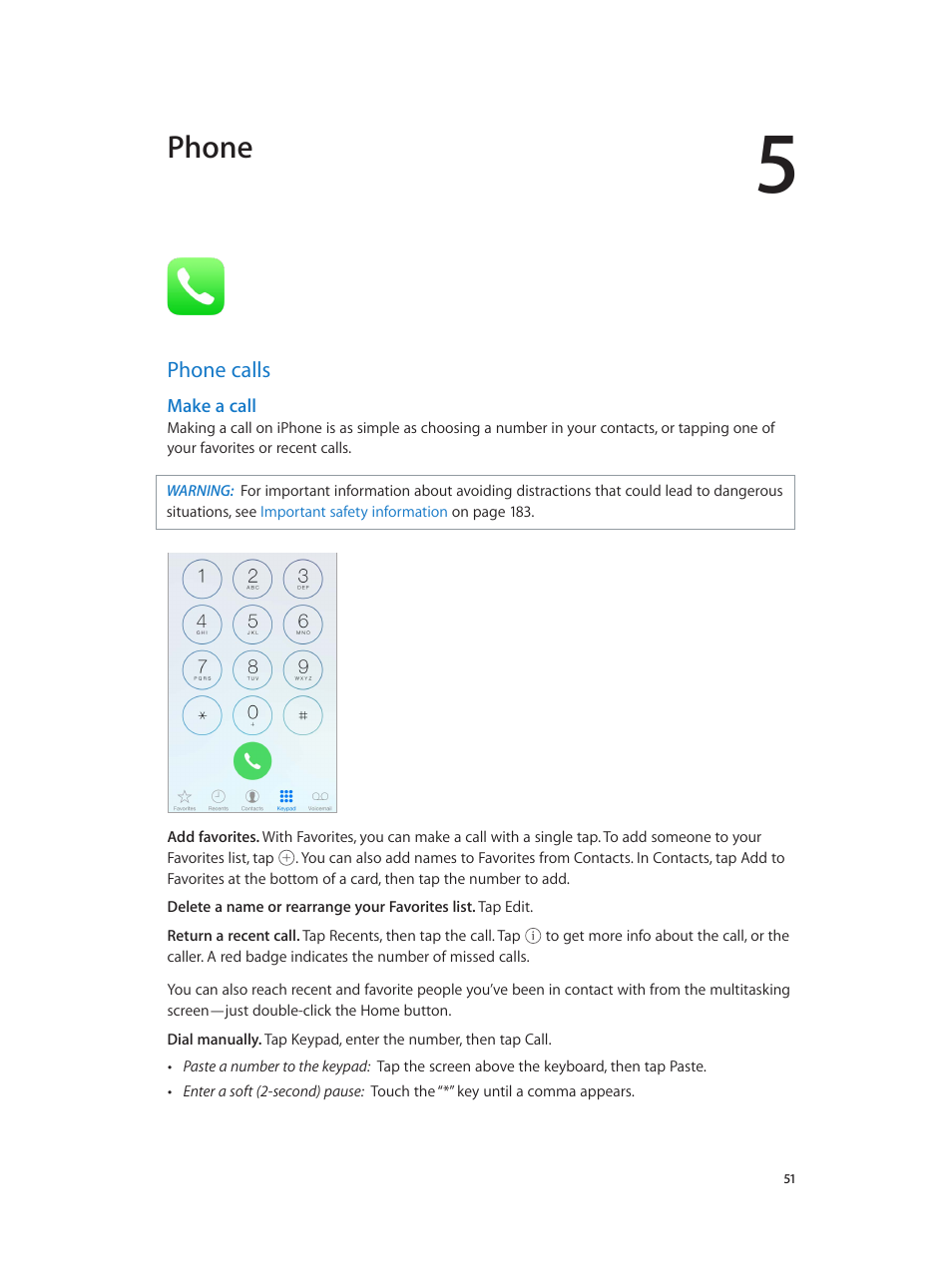 Chapter 5: phone, Phone calls, 51 phone calls | Make a call, Phone | Apple iPhone iOS 8.4 User Manual | Page 51 / 196