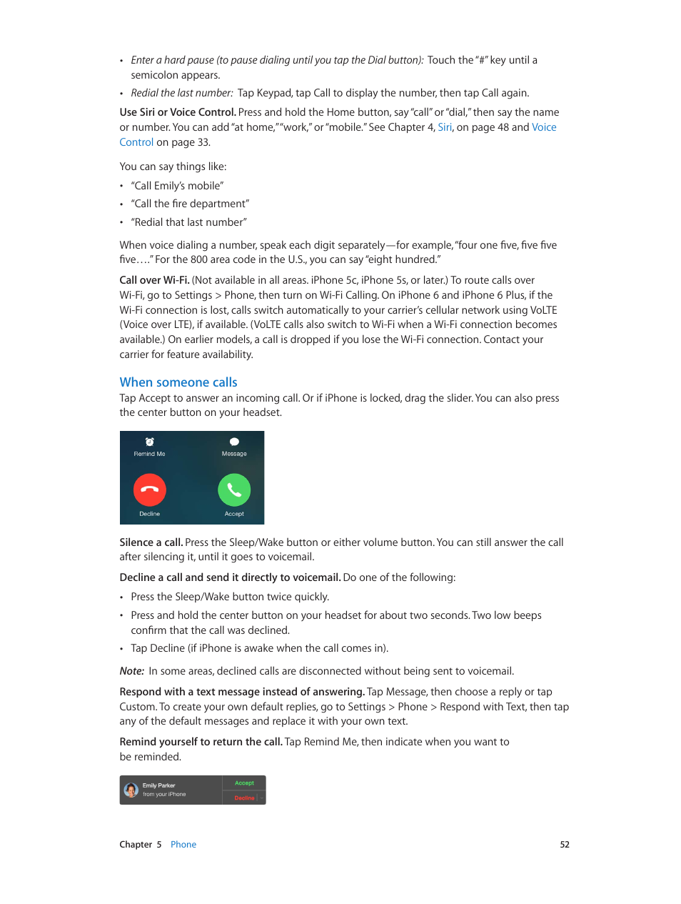 Ssage (see, When someone calls | Apple iPhone iOS 8.4 User Manual | Page 52 / 196
