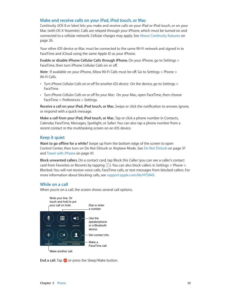 Keep it quiet, While on a call | Apple iPhone iOS 8.4 User Manual | Page 53 / 196