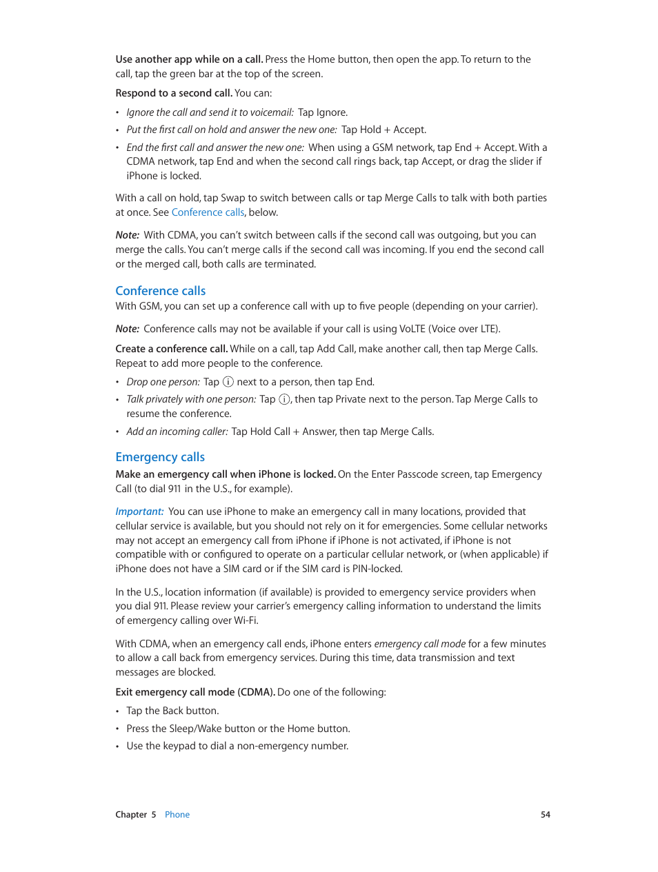 Conference calls, Emergency calls | Apple iPhone iOS 8.4 User Manual | Page 54 / 196