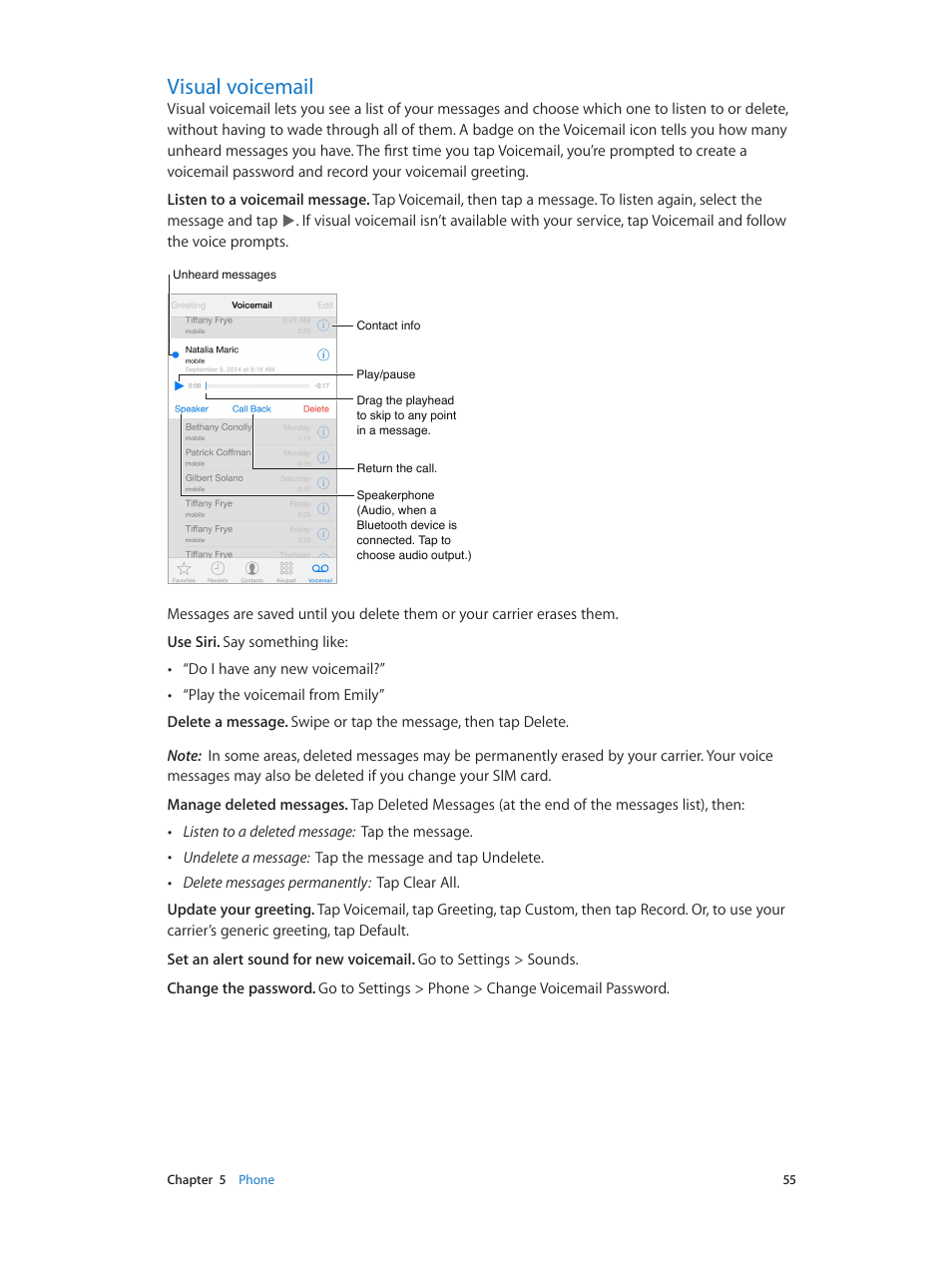 Visual voicemail, 55 visual voicemail | Apple iPhone iOS 8.4 User Manual | Page 55 / 196