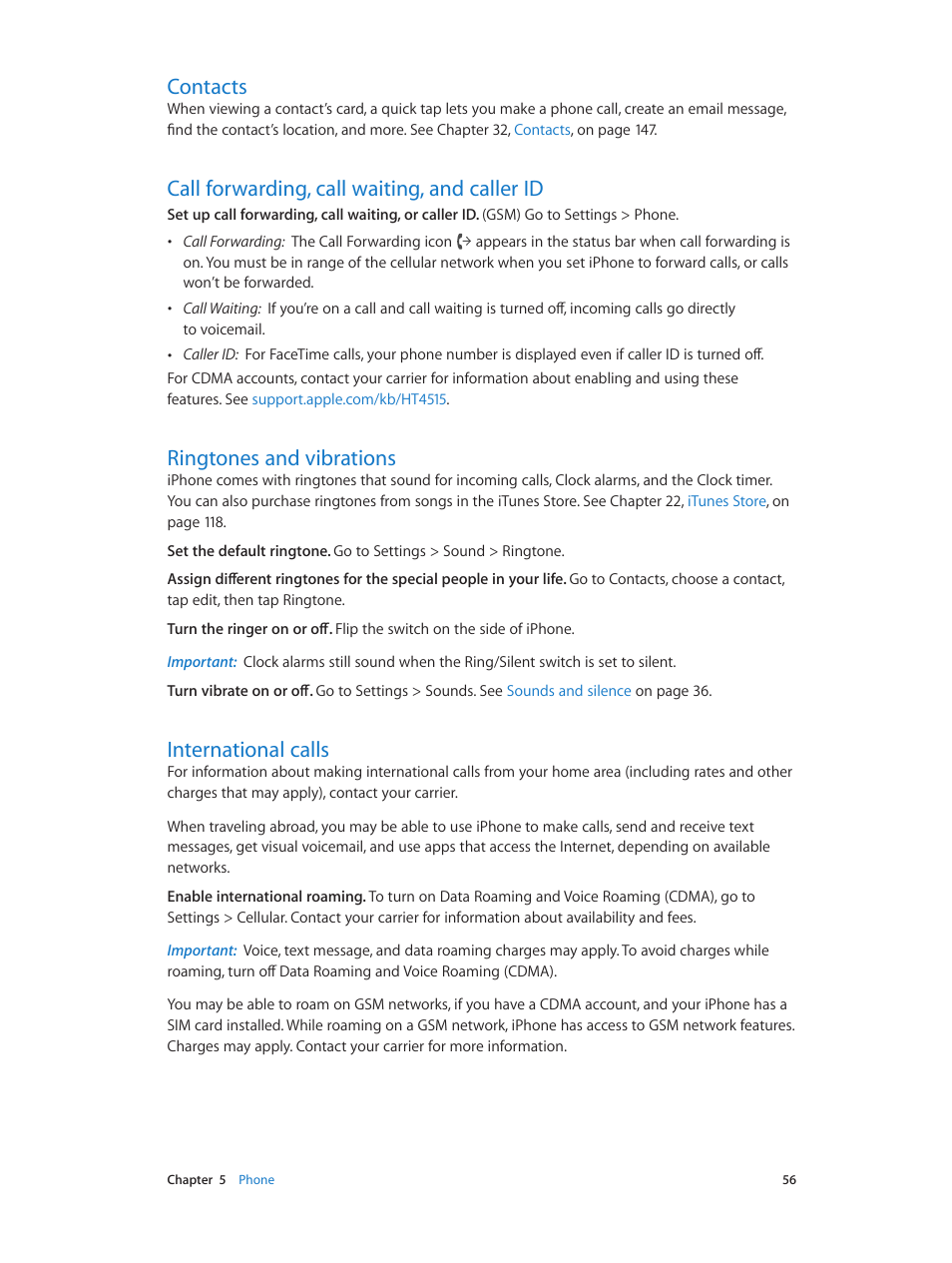 Contacts, Call forwarding, call waiting, and caller id, Ringtones and vibrations | International calls, 56 contacts, 56 call forwarding, call waiting, and caller id, 56 ringtones and vibrations, 56 international calls, Call forwarding, call waiting, and caller | Apple iPhone iOS 8.4 User Manual | Page 56 / 196