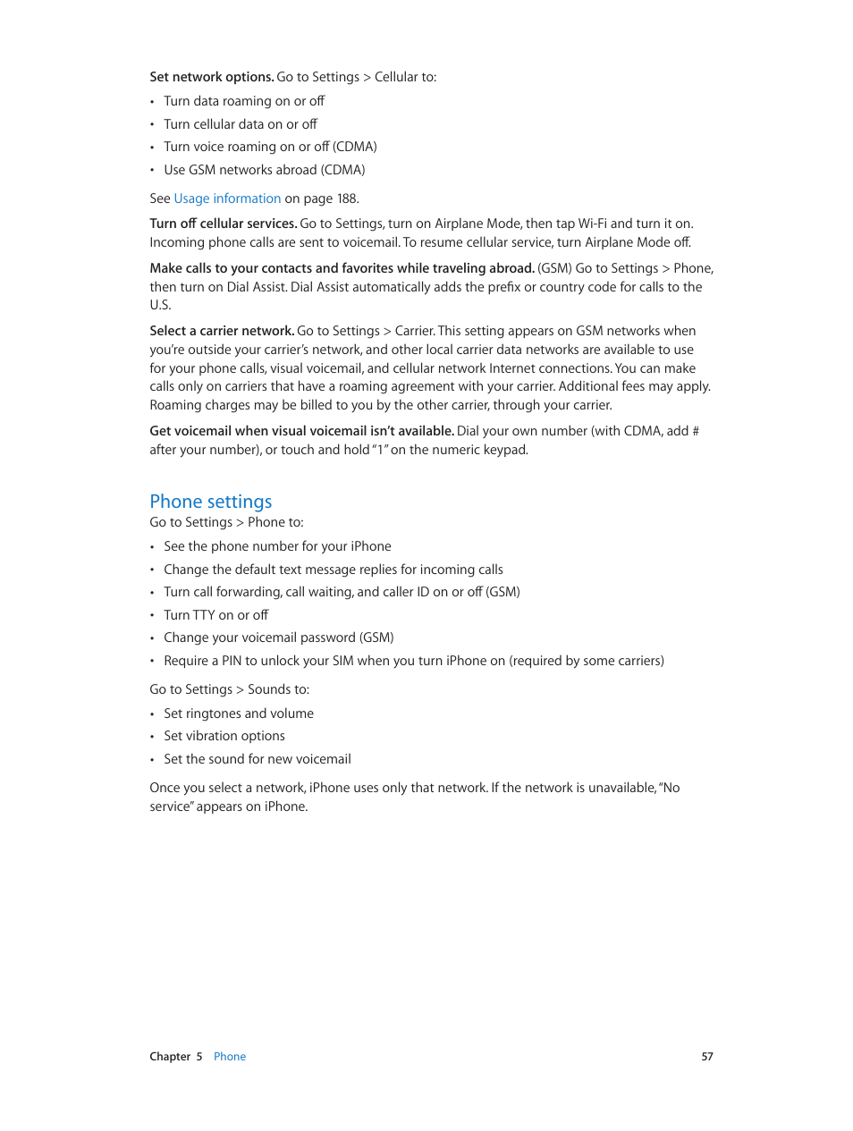 Phone settings, 57 phone settings | Apple iPhone iOS 8.4 User Manual | Page 57 / 196