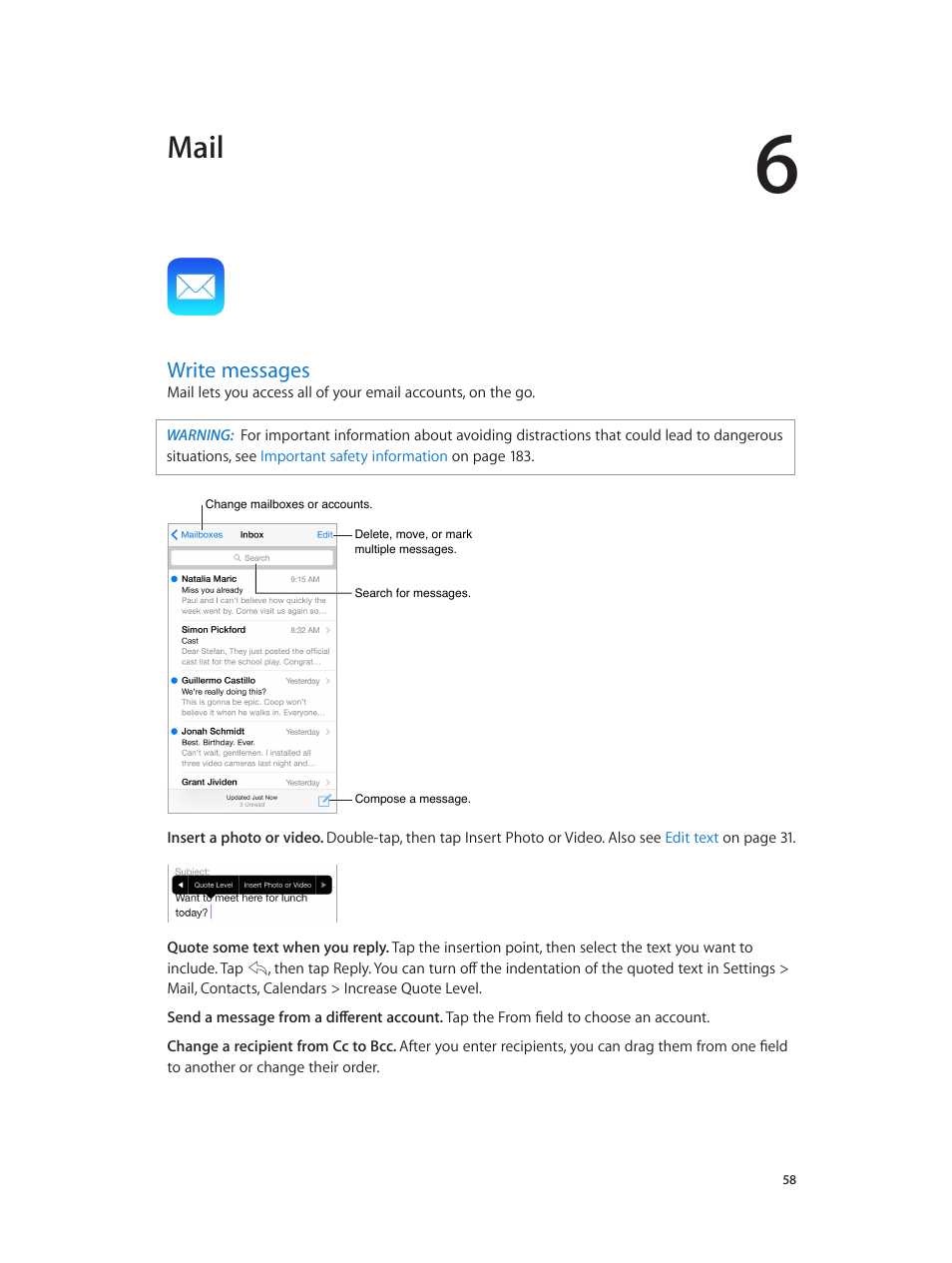 Chapter 6: mail, Write messages, 58 write messages | Mail | Apple iPhone iOS 8.4 User Manual | Page 58 / 196