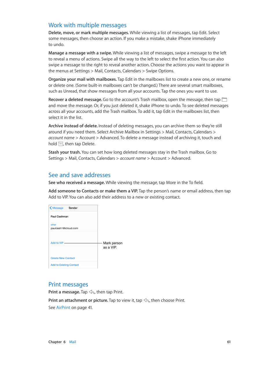 Work with multiple messages, See and save addresses, Print messages | 61 work with multiple messages, 61 see and save addresses, 61 print messages | Apple iPhone iOS 8.4 User Manual | Page 61 / 196