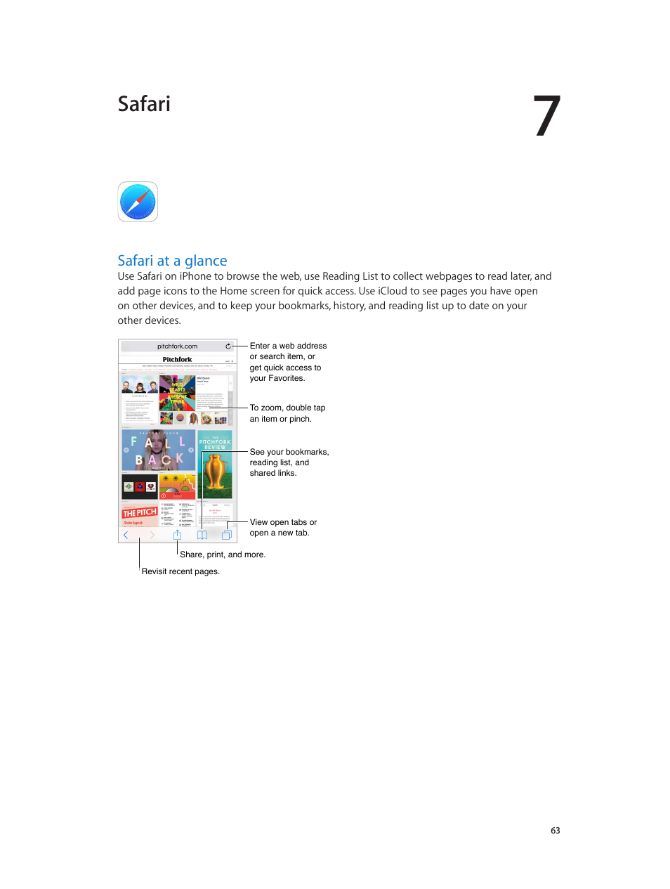 Chapter 7: safari, Safari at a glance, 63 safari at a glance | Safari | Apple iPhone iOS 8.4 User Manual | Page 63 / 196