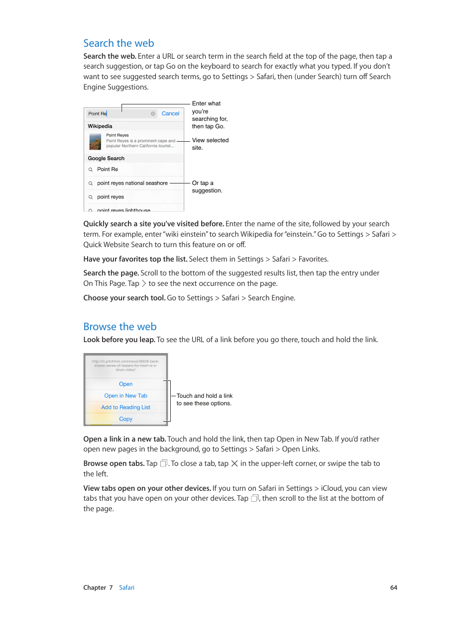 Search the web, Browse the web, 64 search the web | 64 browse the web | Apple iPhone iOS 8.4 User Manual | Page 64 / 196