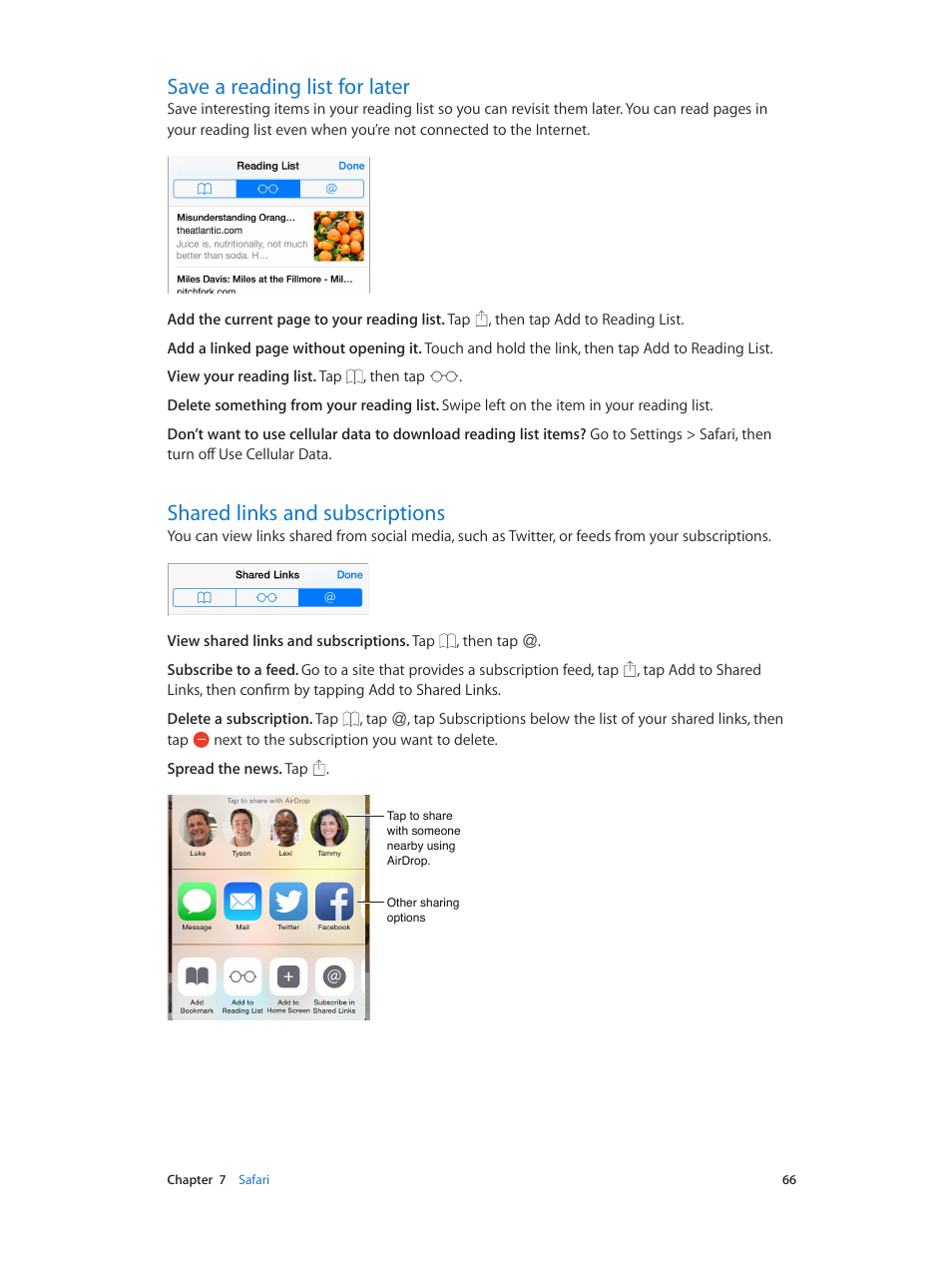 Save a reading list for later, Shared links and subscriptions, 66 save a reading list for later | 66 shared links and subscriptions | Apple iPhone iOS 8.4 User Manual | Page 66 / 196