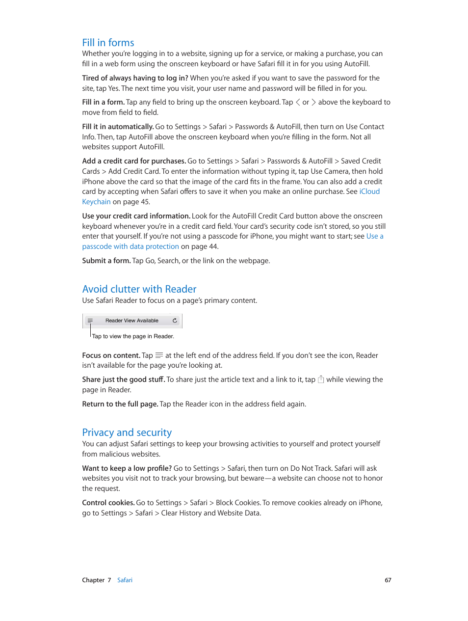 Fill in forms, Avoid clutter with reader, Privacy and security | 67 fill in forms, 67 avoid clutter with reader, 67 privacy and security, Fill in, Forms | Apple iPhone iOS 8.4 User Manual | Page 67 / 196