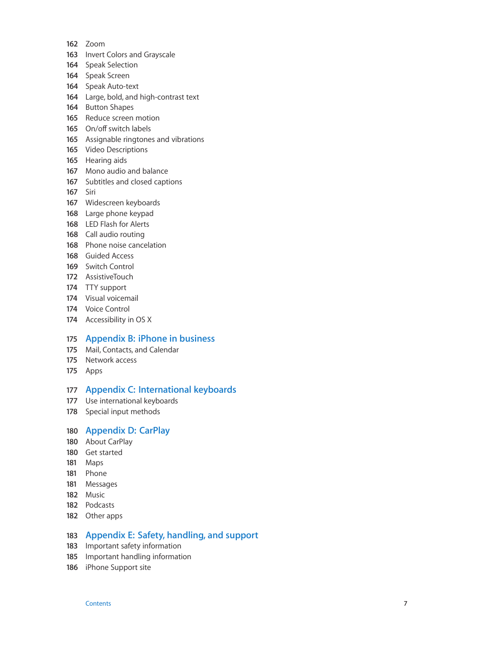 Appendix b: iphone in business, Appendix c: international keyboards, Appendix d: carplay | Appendix e: safety, handling, and support | Apple iPhone iOS 8.4 User Manual | Page 7 / 196