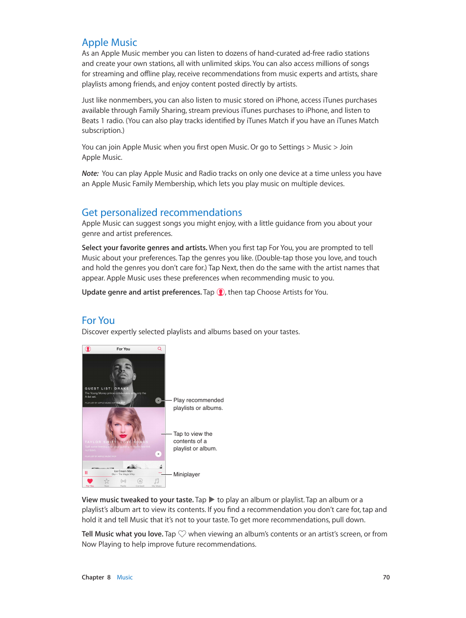 Apple music, Get personalized recommendations, For you | 70 apple music, 70 get personalized recommendations, 70 for you | Apple iPhone iOS 8.4 User Manual | Page 70 / 196