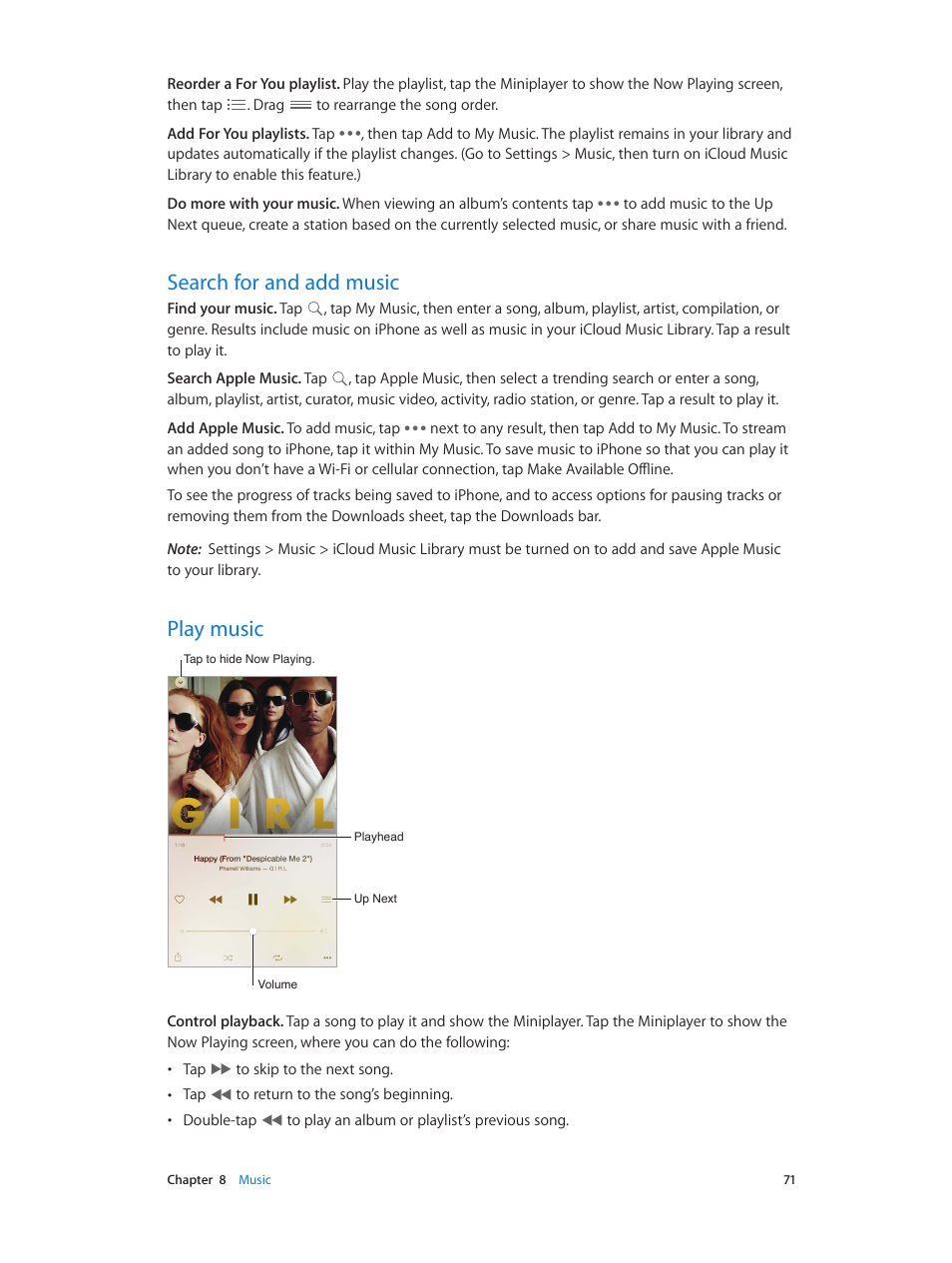 Search for and add music, Play music, 71 search for and add music | 71 play music | Apple iPhone iOS 8.4 User Manual | Page 71 / 196