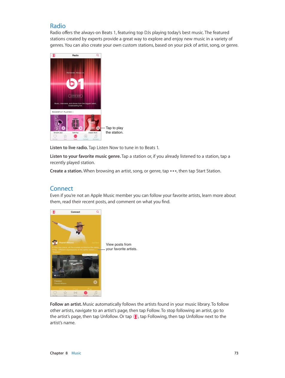 Radio, Connect, 73 radio | 73 connect | Apple iPhone iOS 8.4 User Manual | Page 73 / 196