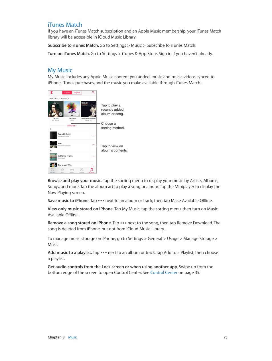 Itunes match, My music, 75 itunes match | 75 my music | Apple iPhone iOS 8.4 User Manual | Page 75 / 196