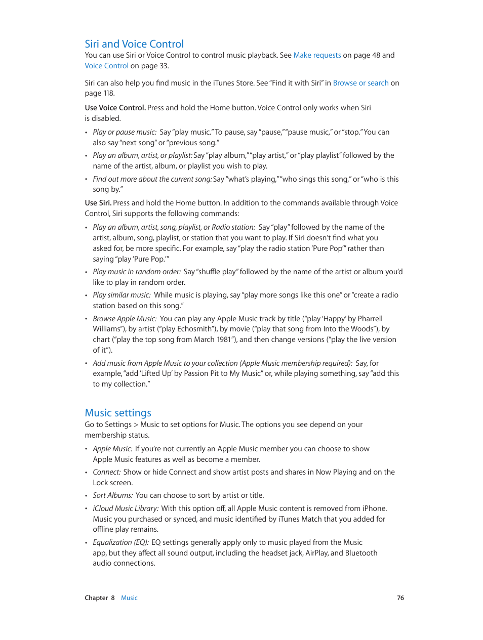 Siri and voice control, Music settings, 76 siri and voice control | 76 music settings | Apple iPhone iOS 8.4 User Manual | Page 76 / 196