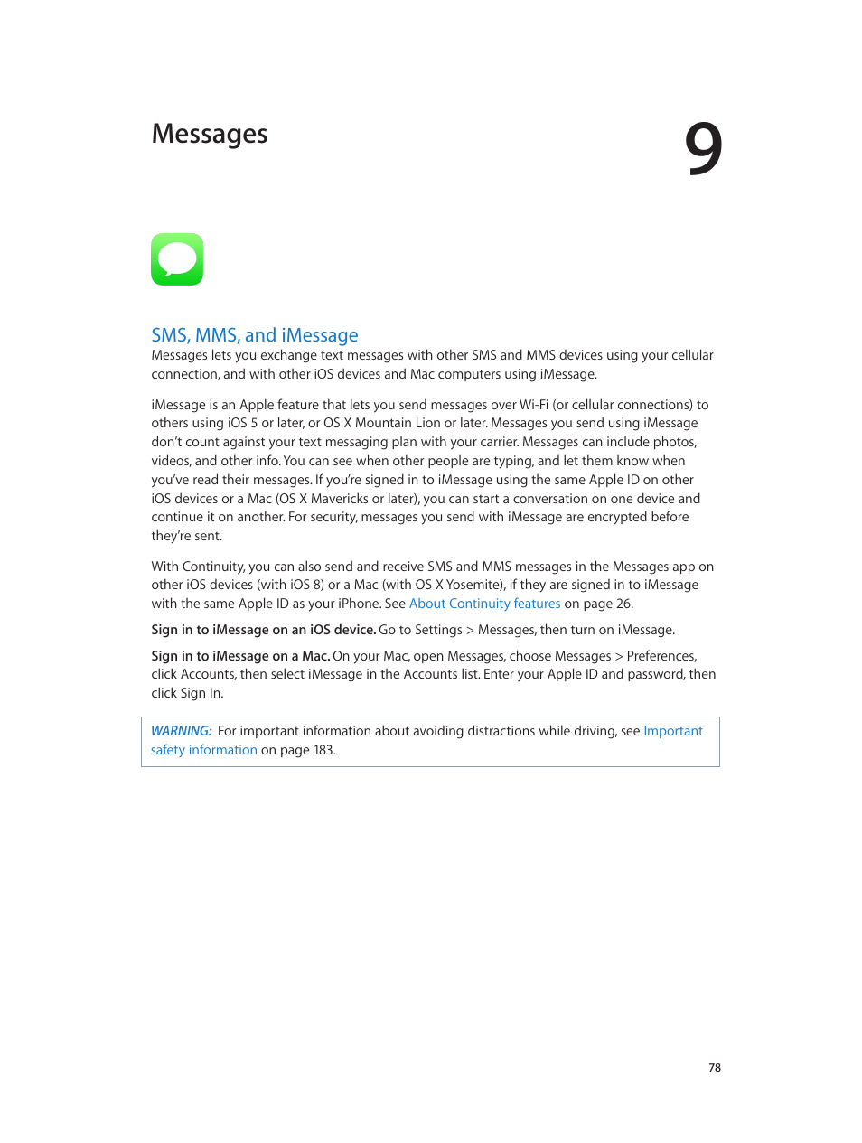 Chapter 9: messages, Sms, mms, and imessage, 78 sms, mms, and imessage | Messages | Apple iPhone iOS 8.4 User Manual | Page 78 / 196