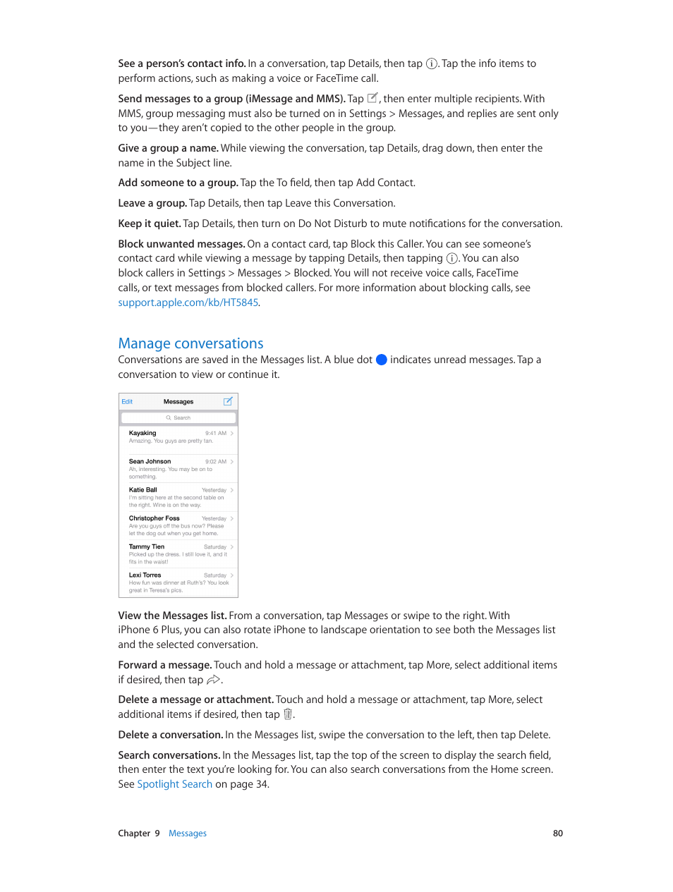Manage conversations, 80 manage conversations | Apple iPhone iOS 8.4 User Manual | Page 80 / 196