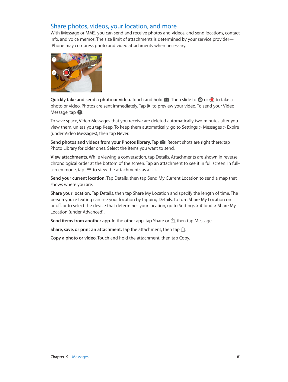 Share photos, videos, your location, and more, 81 share photos, videos, your location, and more | Apple iPhone iOS 8.4 User Manual | Page 81 / 196