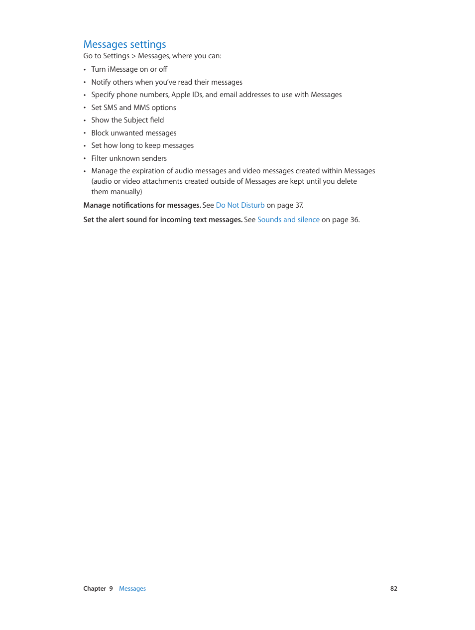 Messages settings, 82 messages settings | Apple iPhone iOS 8.4 User Manual | Page 82 / 196