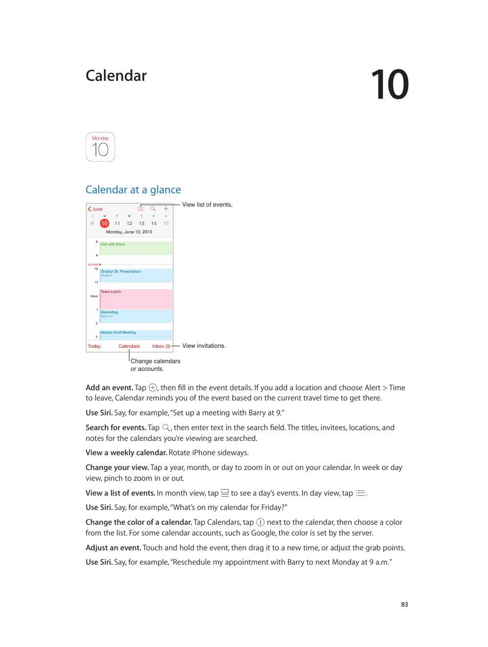 Chapter 10: calendar, Calendar at a glance, 83 calendar at a glance | Calendar | Apple iPhone iOS 8.4 User Manual | Page 83 / 196