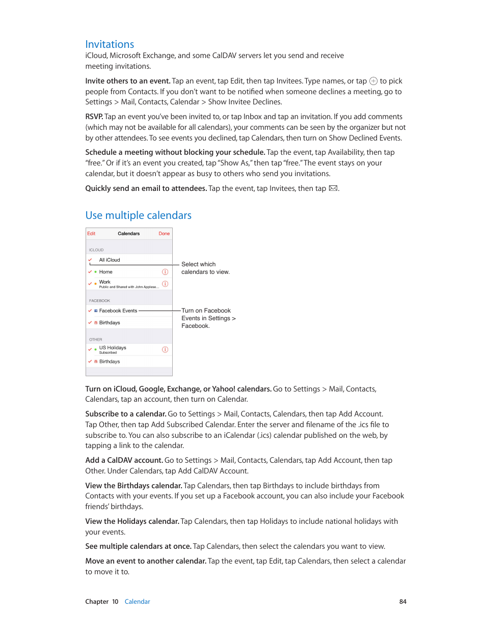 Invitations, Use multiple calendars, 84 invitations | 84 use multiple calendars | Apple iPhone iOS 8.4 User Manual | Page 84 / 196