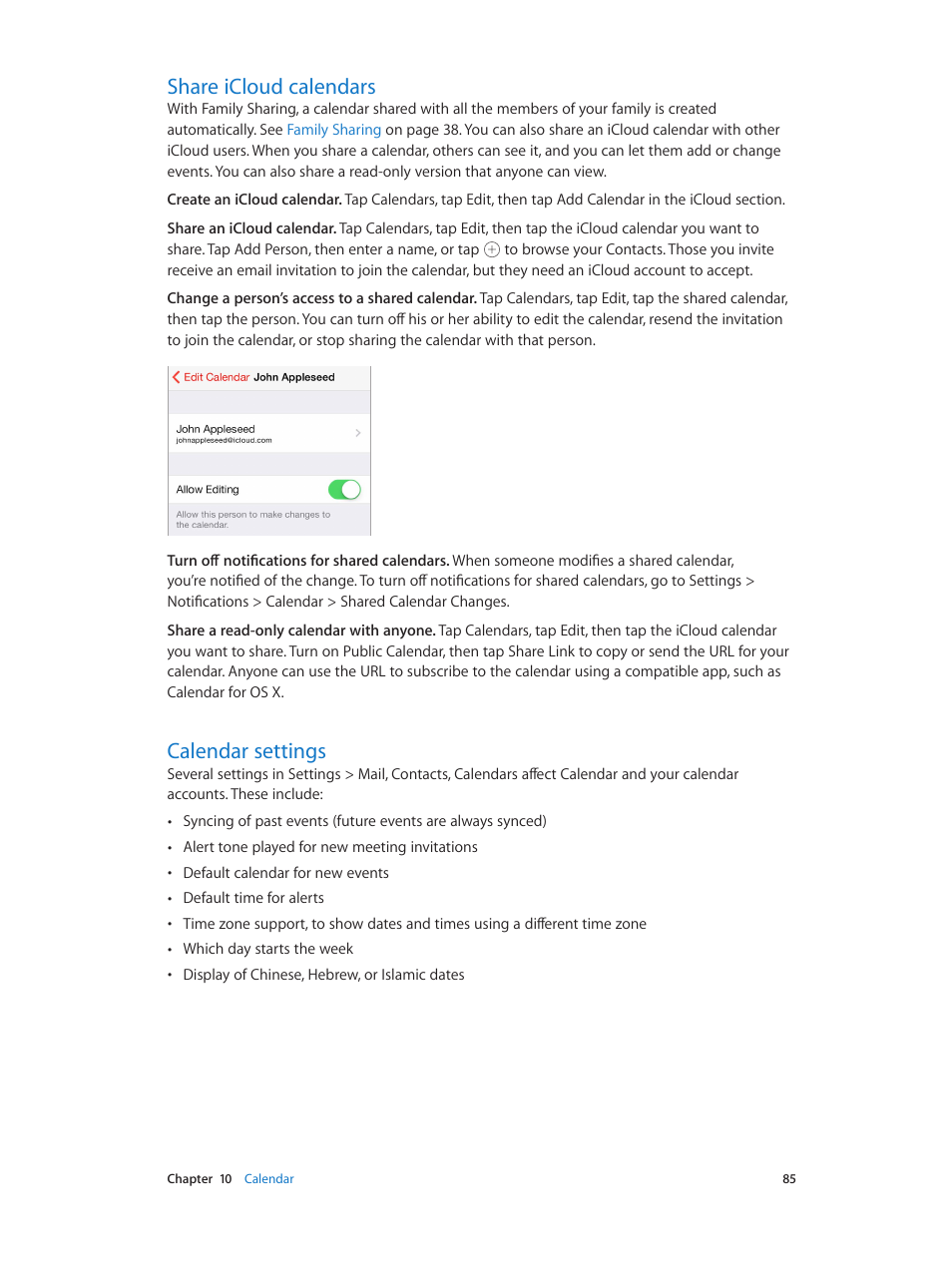 Share icloud calendars, Calendar settings, 85 share icloud calendars | 85 calendar settings | Apple iPhone iOS 8.4 User Manual | Page 85 / 196