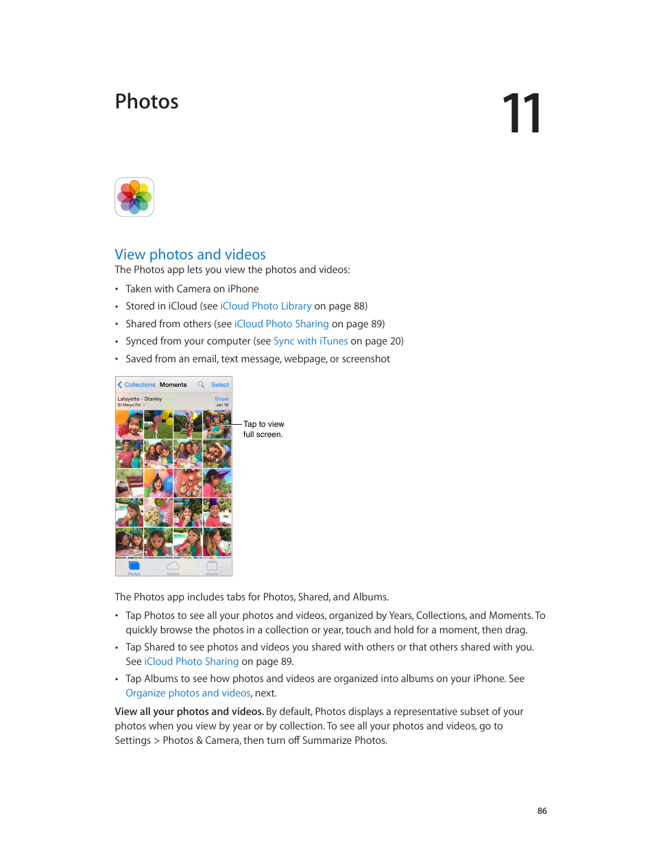 Chapter 11: photos, View photos and videos, 86 view photos and videos | Photos | Apple iPhone iOS 8.4 User Manual | Page 86 / 196