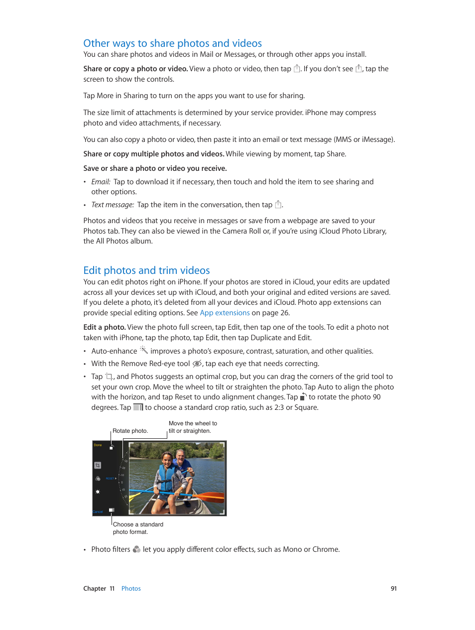 Other ways to share photos and videos, Edit photos and trim videos, 91 other ways to share photos and videos | 91 edit photos and trim videos | Apple iPhone iOS 8.4 User Manual | Page 91 / 196