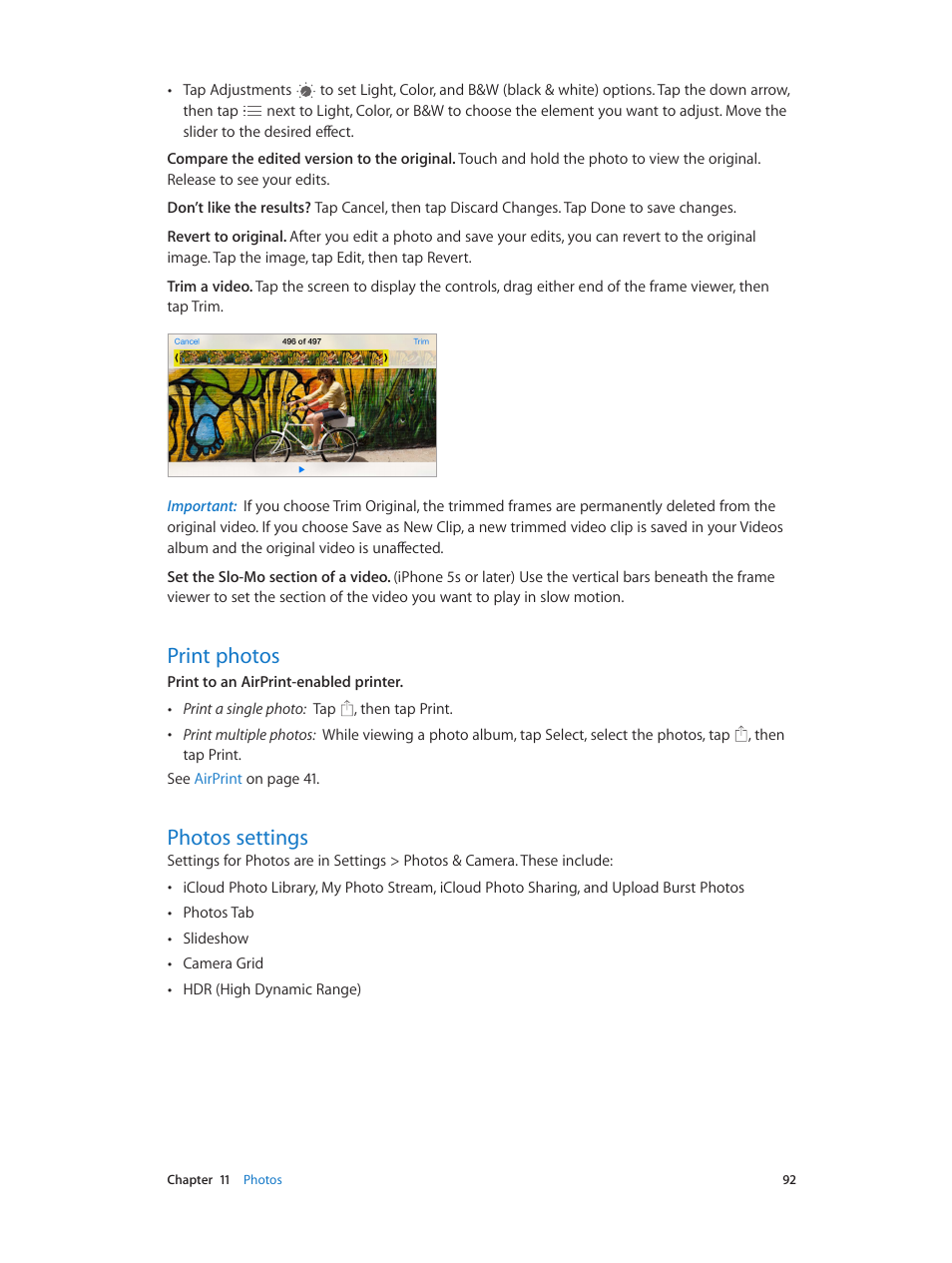 Print photos, Photos settings, 92 print photos | 92 photos settings | Apple iPhone iOS 8.4 User Manual | Page 92 / 196