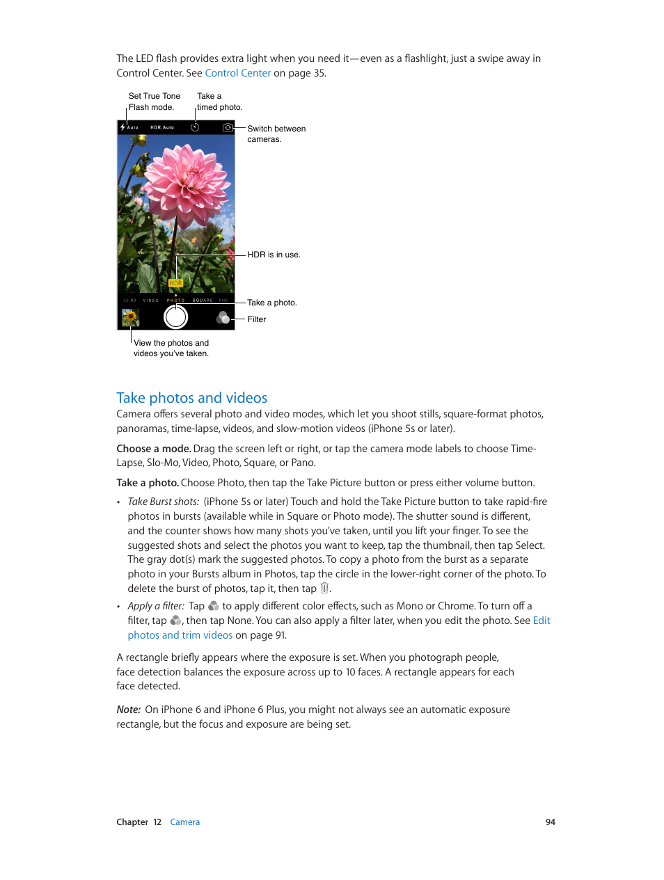 Take photos and videos, 94 take photos and videos, Take photos and | Videos | Apple iPhone iOS 8.4 User Manual | Page 94 / 196