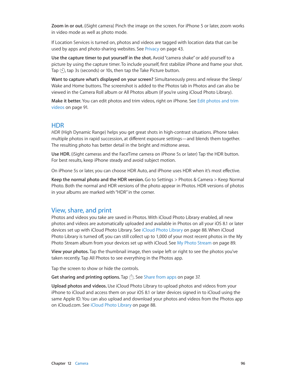 View, share, and print, 96 hdr, 96 view, share, and print | Apple iPhone iOS 8.4 User Manual | Page 96 / 196